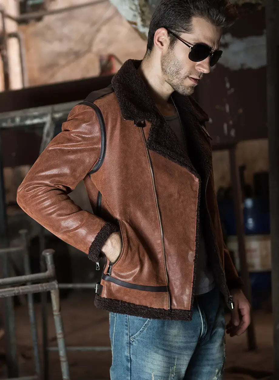 Shearling-lined leather jacket for men
