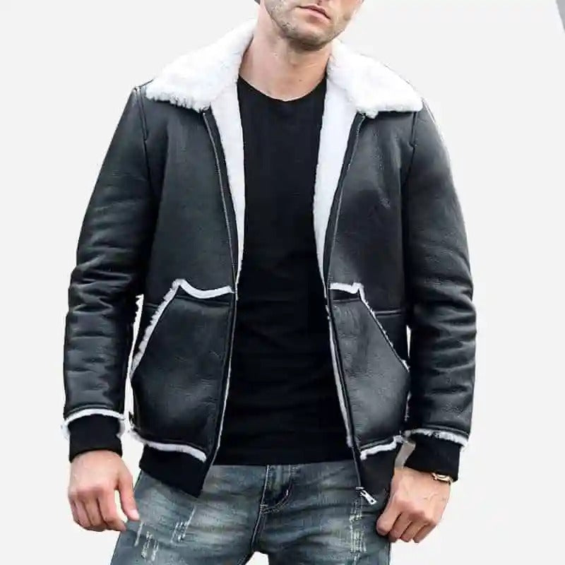 Men's black leather shearling bomber jacket
