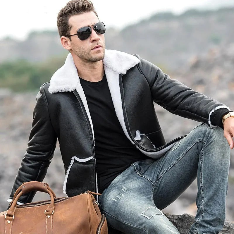 Winter shearling leather jacket for men
