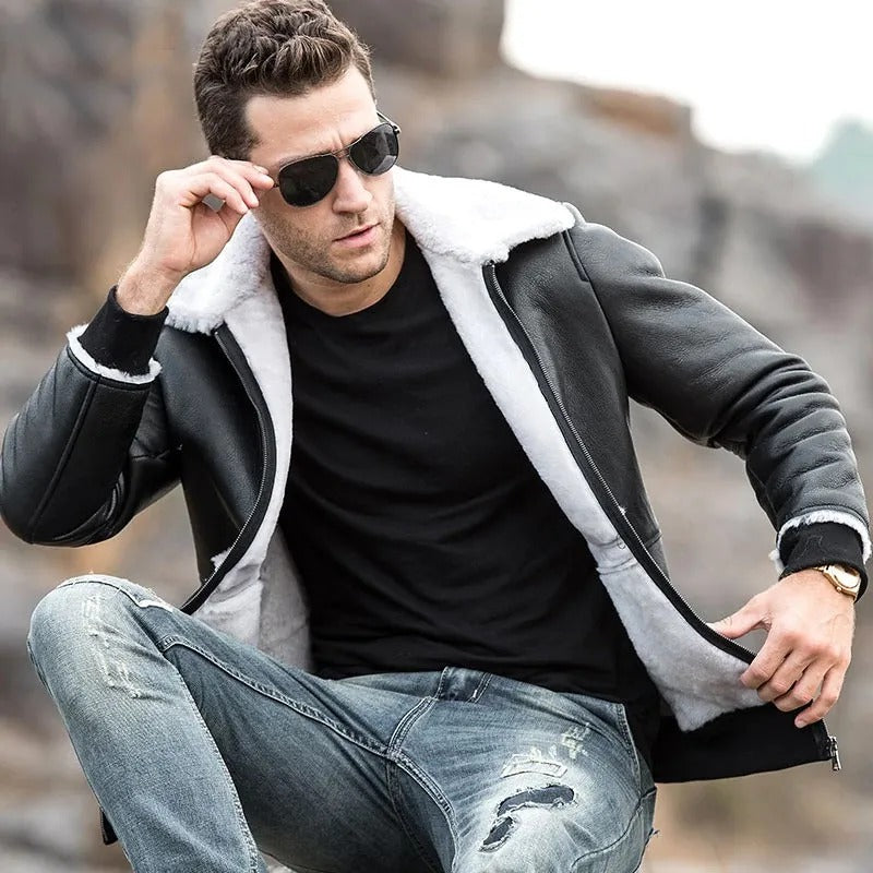 Warm black leather jacket with shearling
