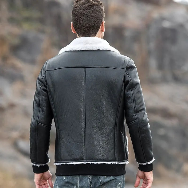 Black leather winter bomber jacket
