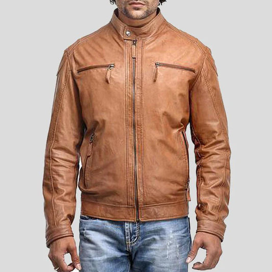 Mens Zipper Pockets Leather Motorcycle Jacket

