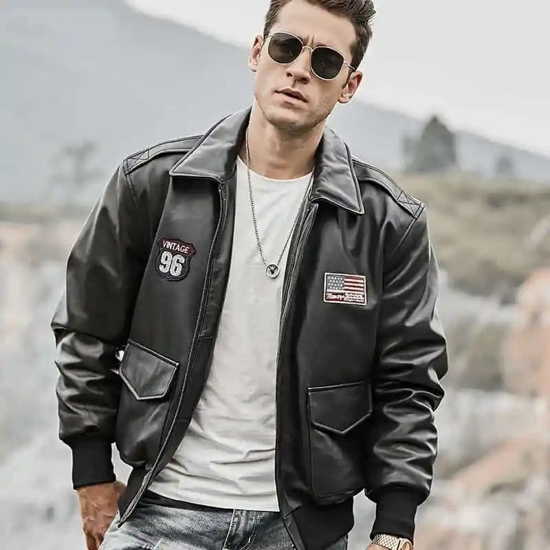 Men’s black bomber leather jacket
