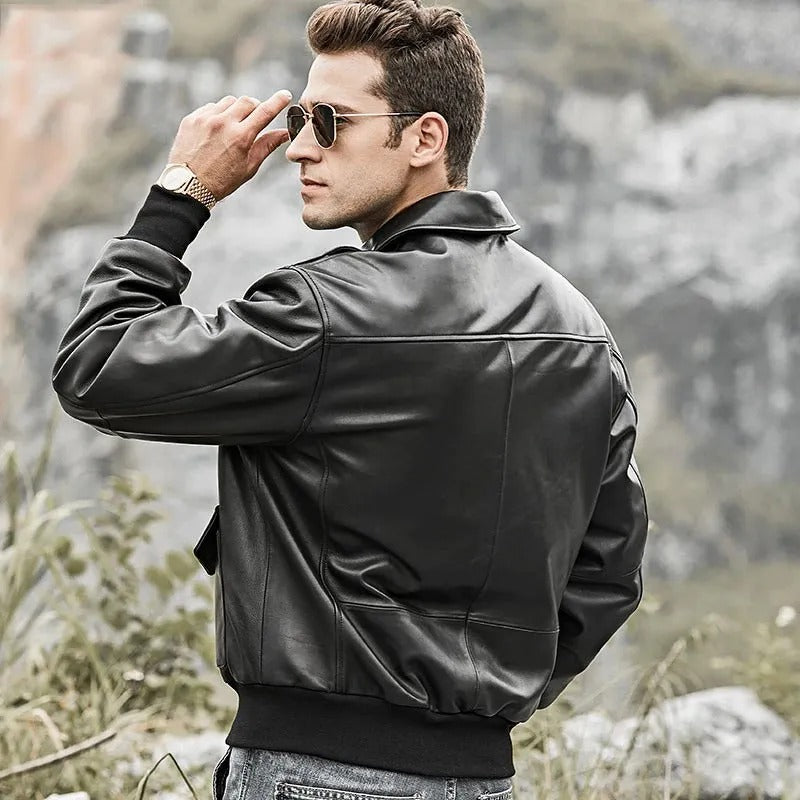 Black leather aviator jacket
