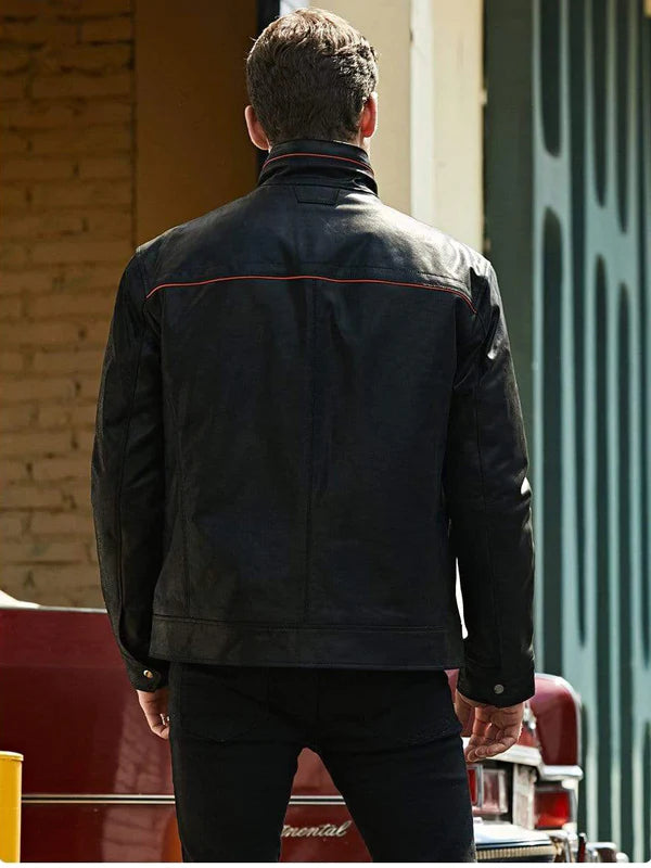 Red stripe leather motorcycle jacket
