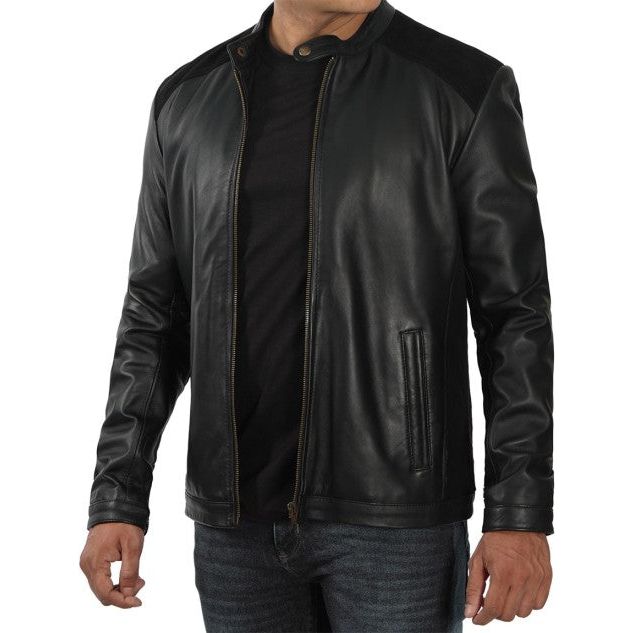 Black leather Cafe Racer Jacket Mens