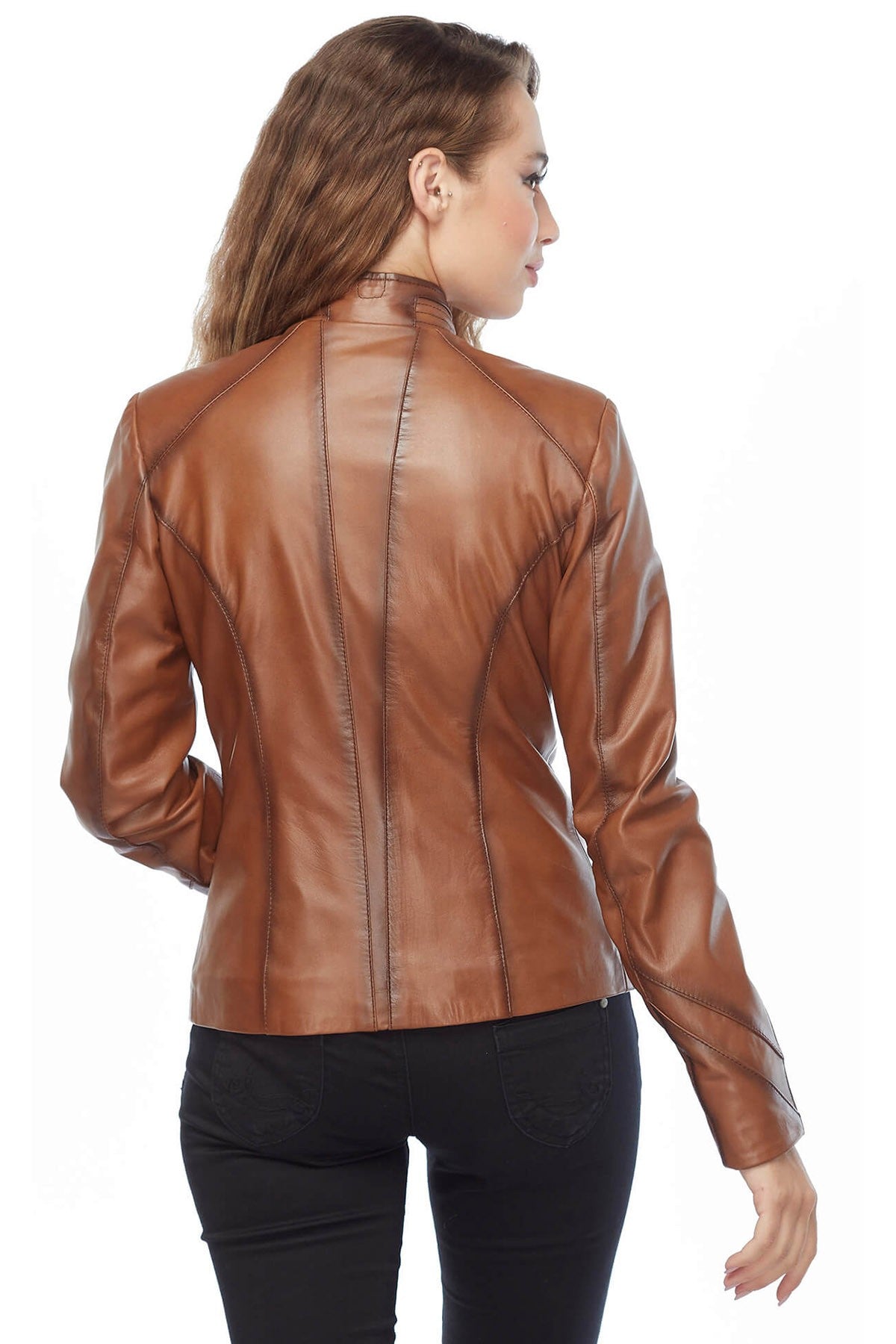 Women’s tan brown leather jacket
