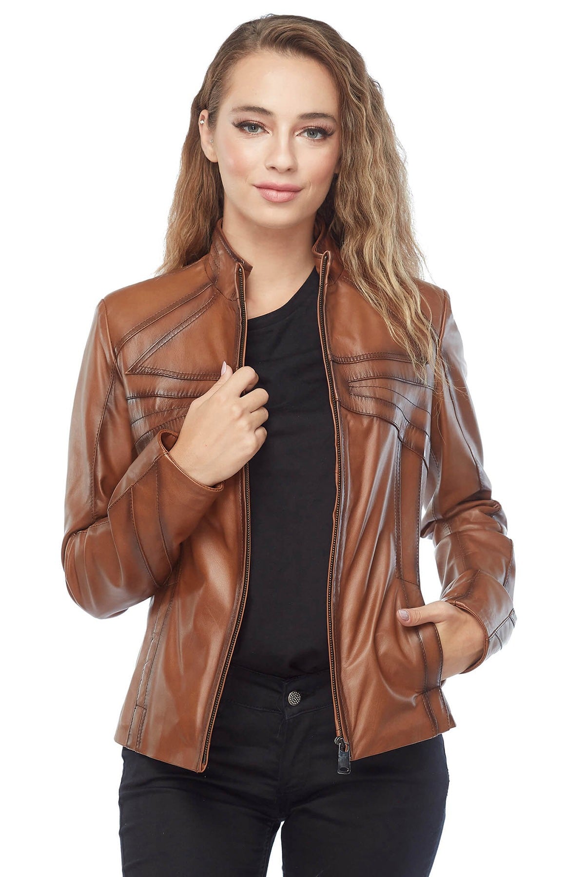 Tan leather jacket for women
