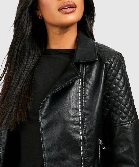 Women’s durable black biker leather jacket

