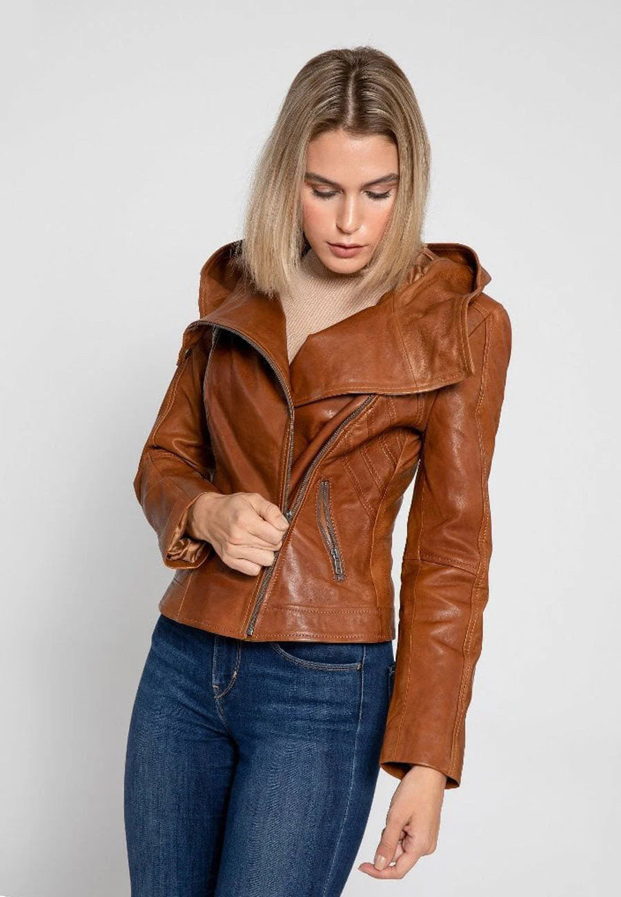 Leather jacket with removable hood
