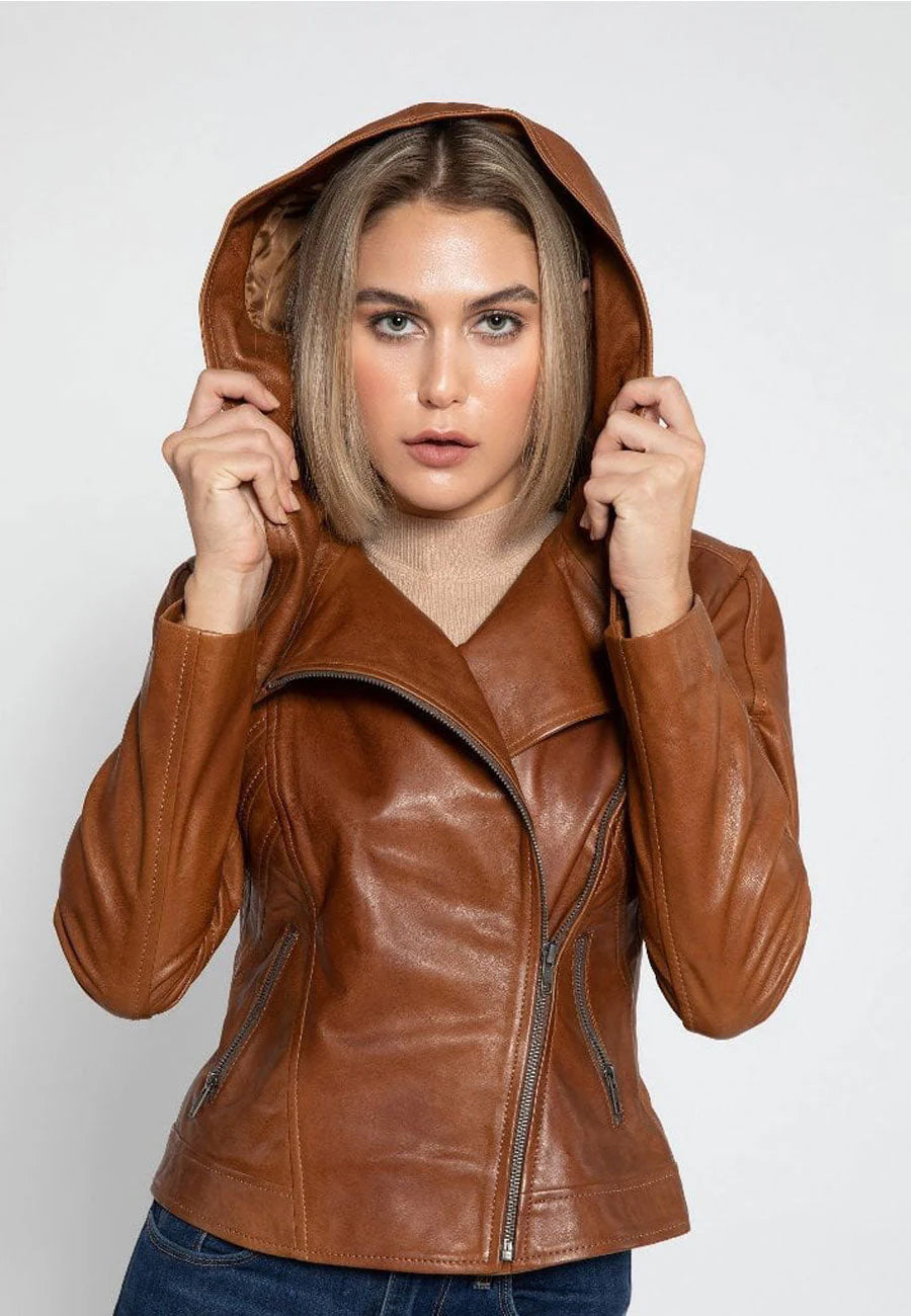 Brown leather motorcycle jacket women
