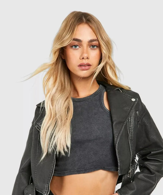 Women’s distressed cropped leather jacket

