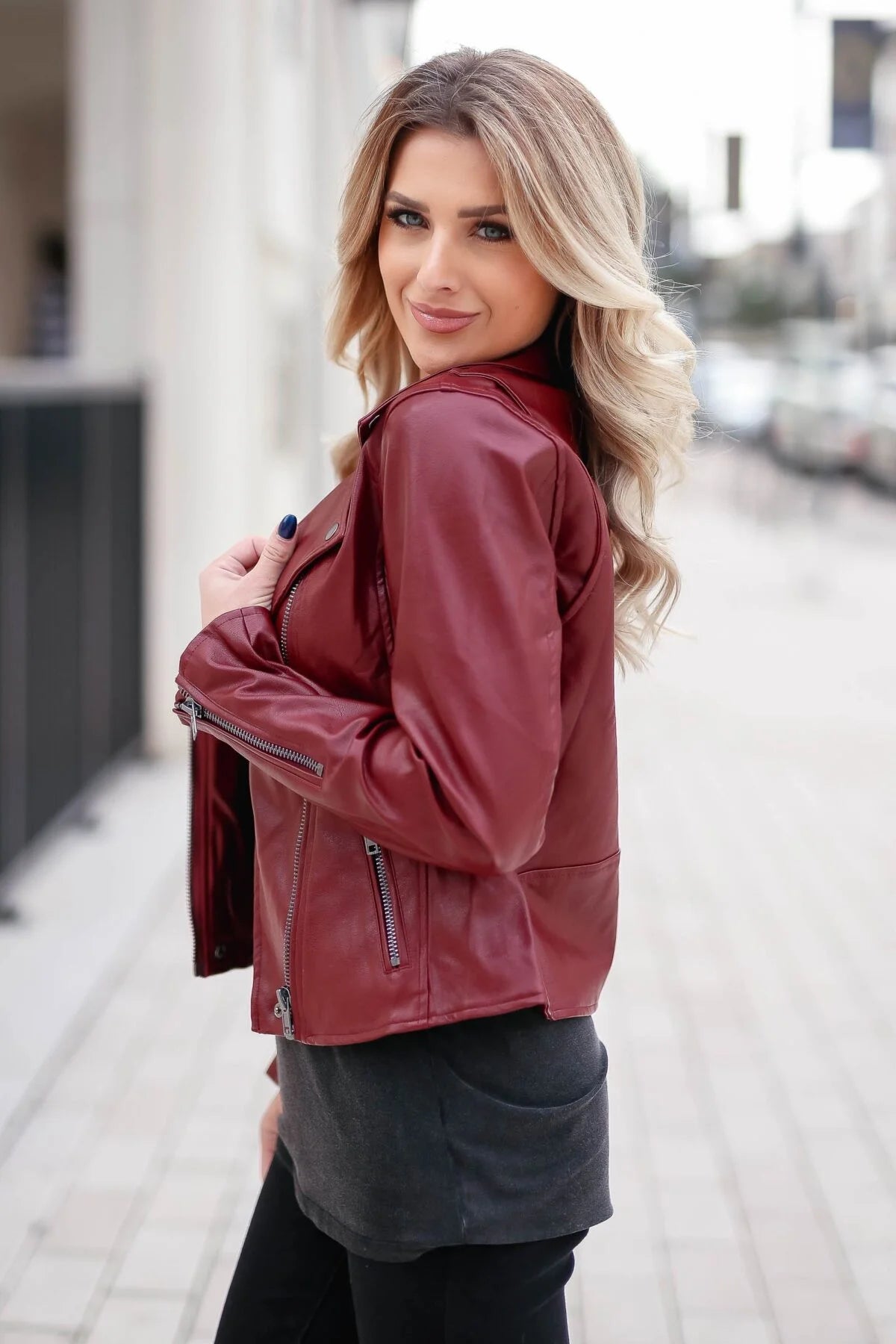 Vegan wine red leather jacket


