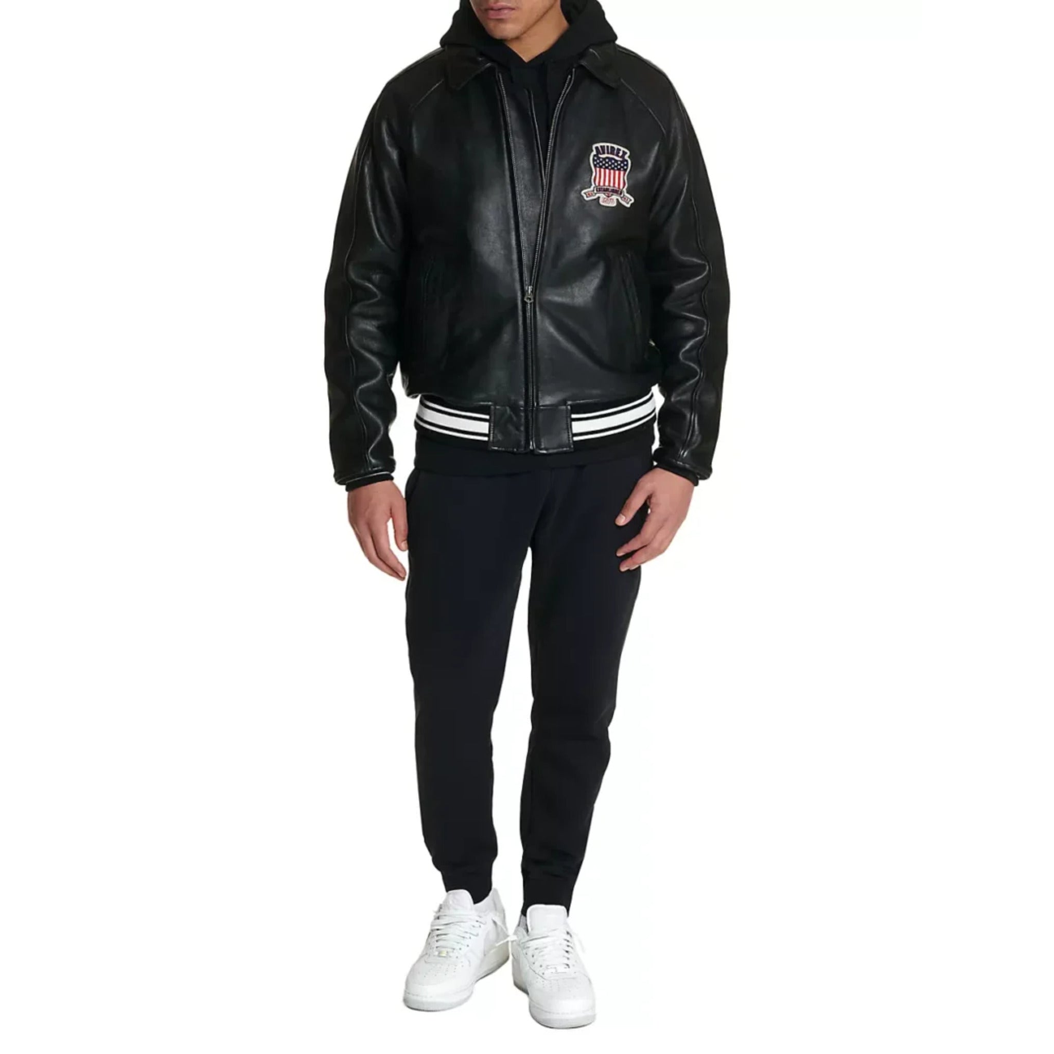 Black leather bomber jacket for men
