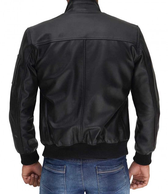 Men’s black leather bomber jacket
