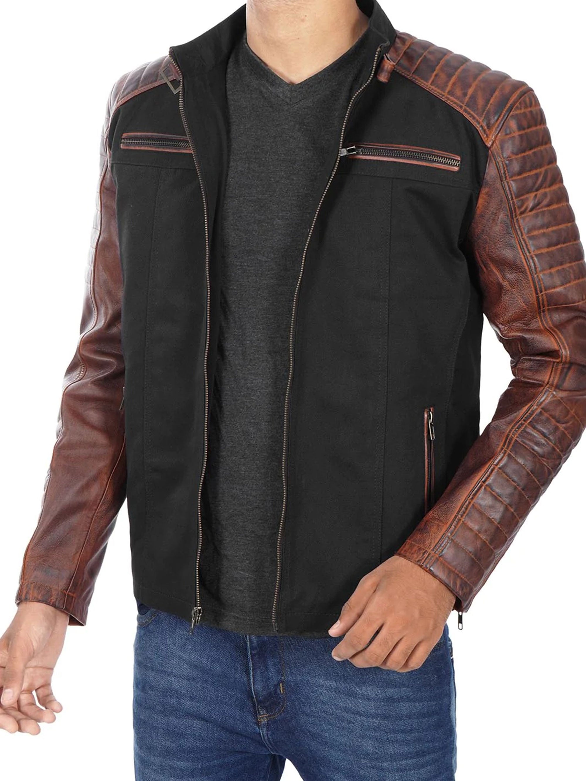 Darrell Men’s Black and Brown Cafe Racer Leather Jacket
