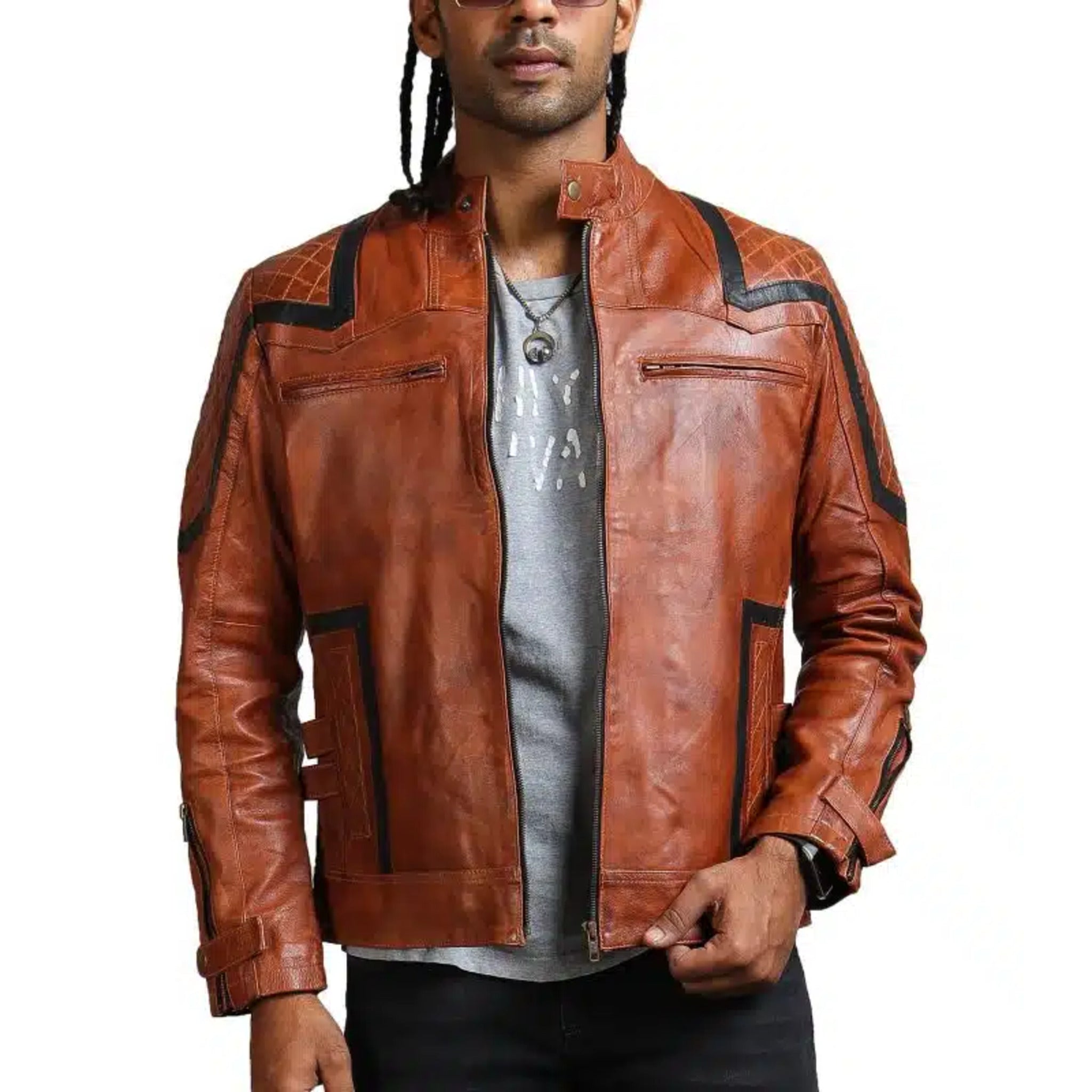 Designer Men Brown Waxed Leather Jacket
