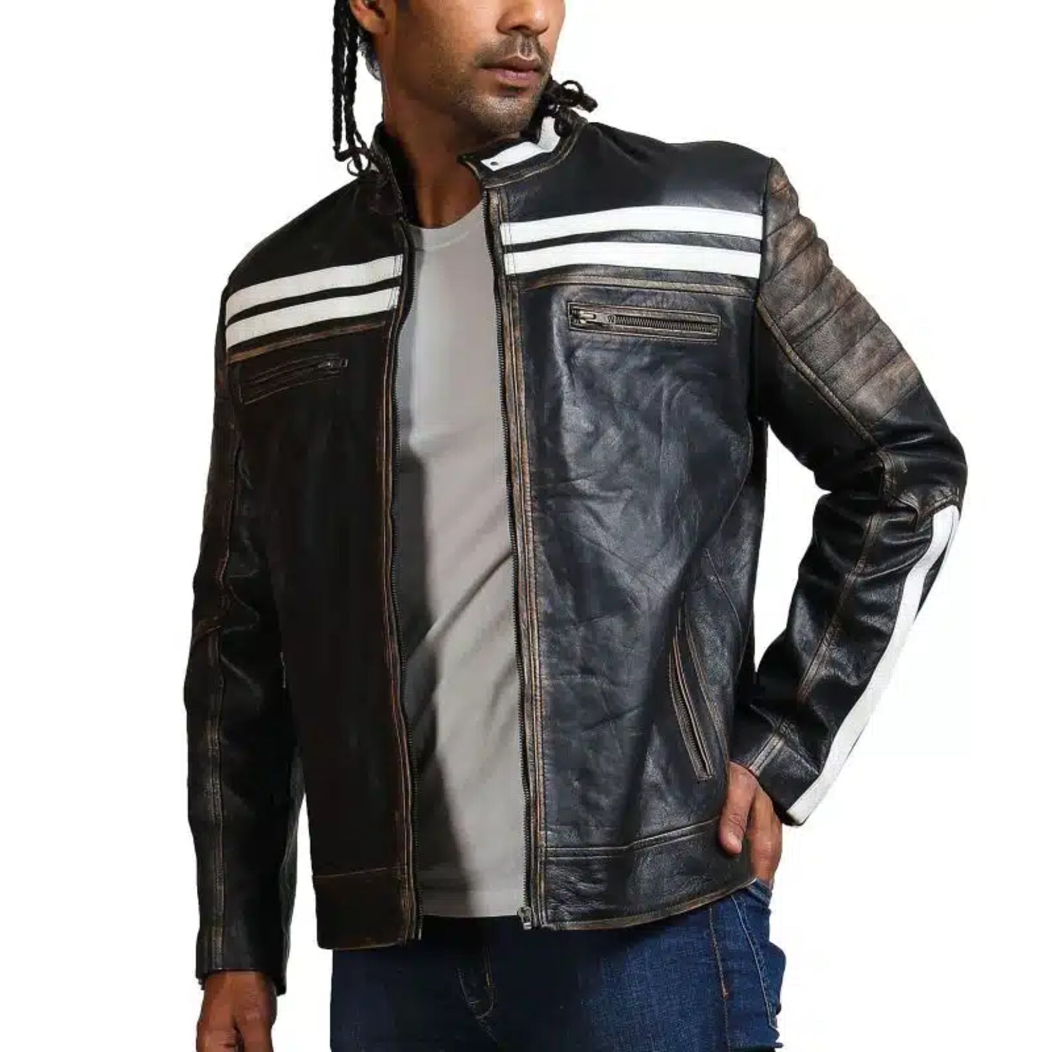 Designer Men Distressed Black Leather Jacket
