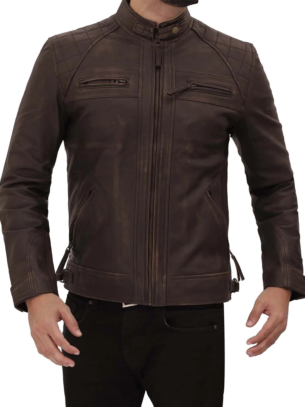 Distressed brown biker jacket for men
