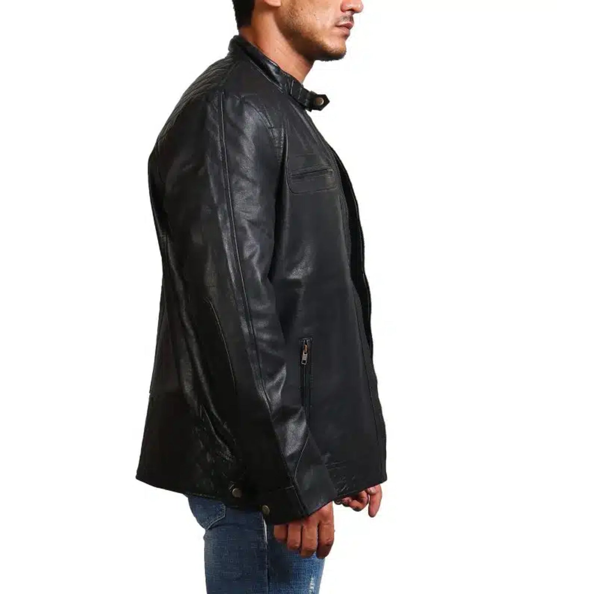 Garcia Men's Cafe Racer Black Leather Jacket
