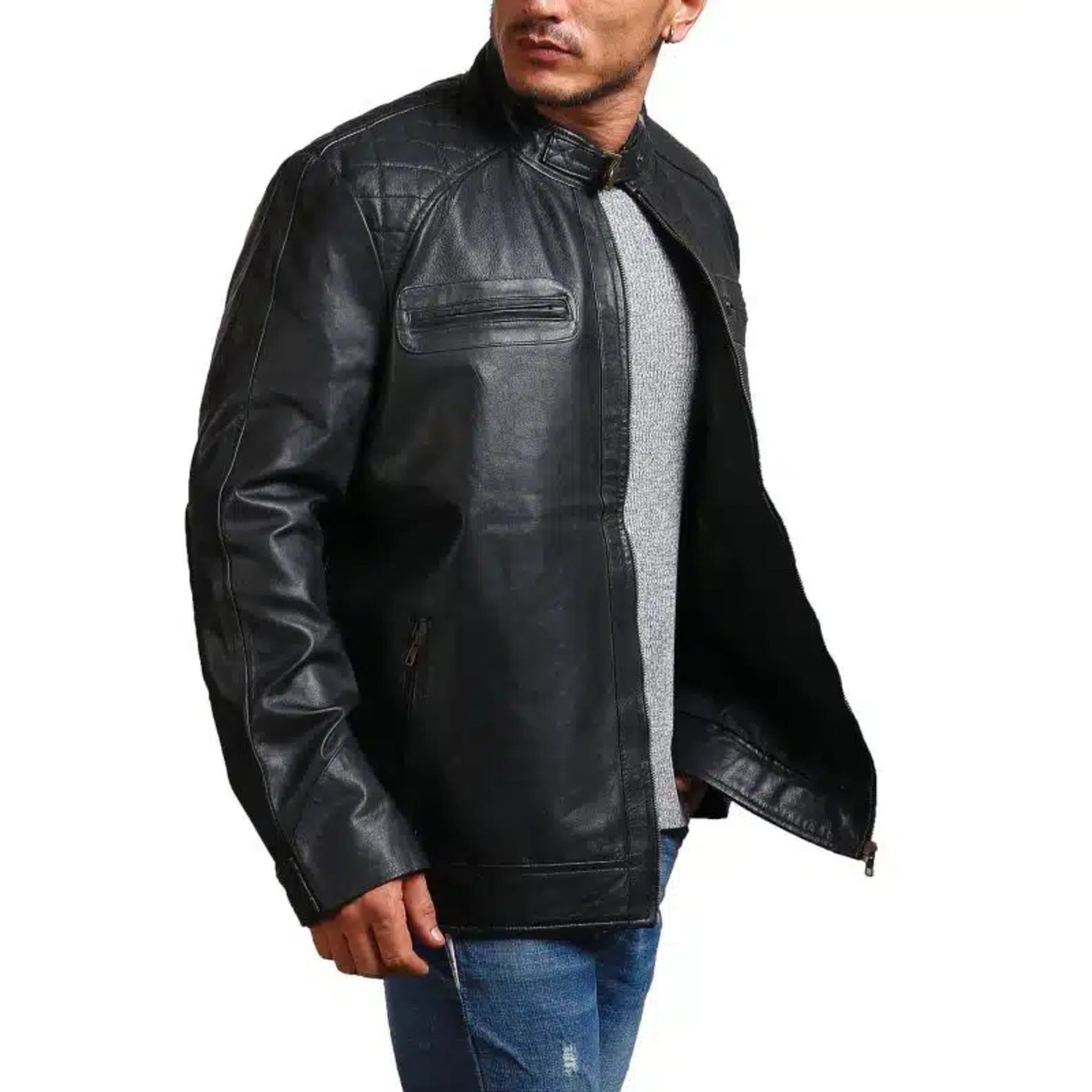 Black leather motorcycle jacket
