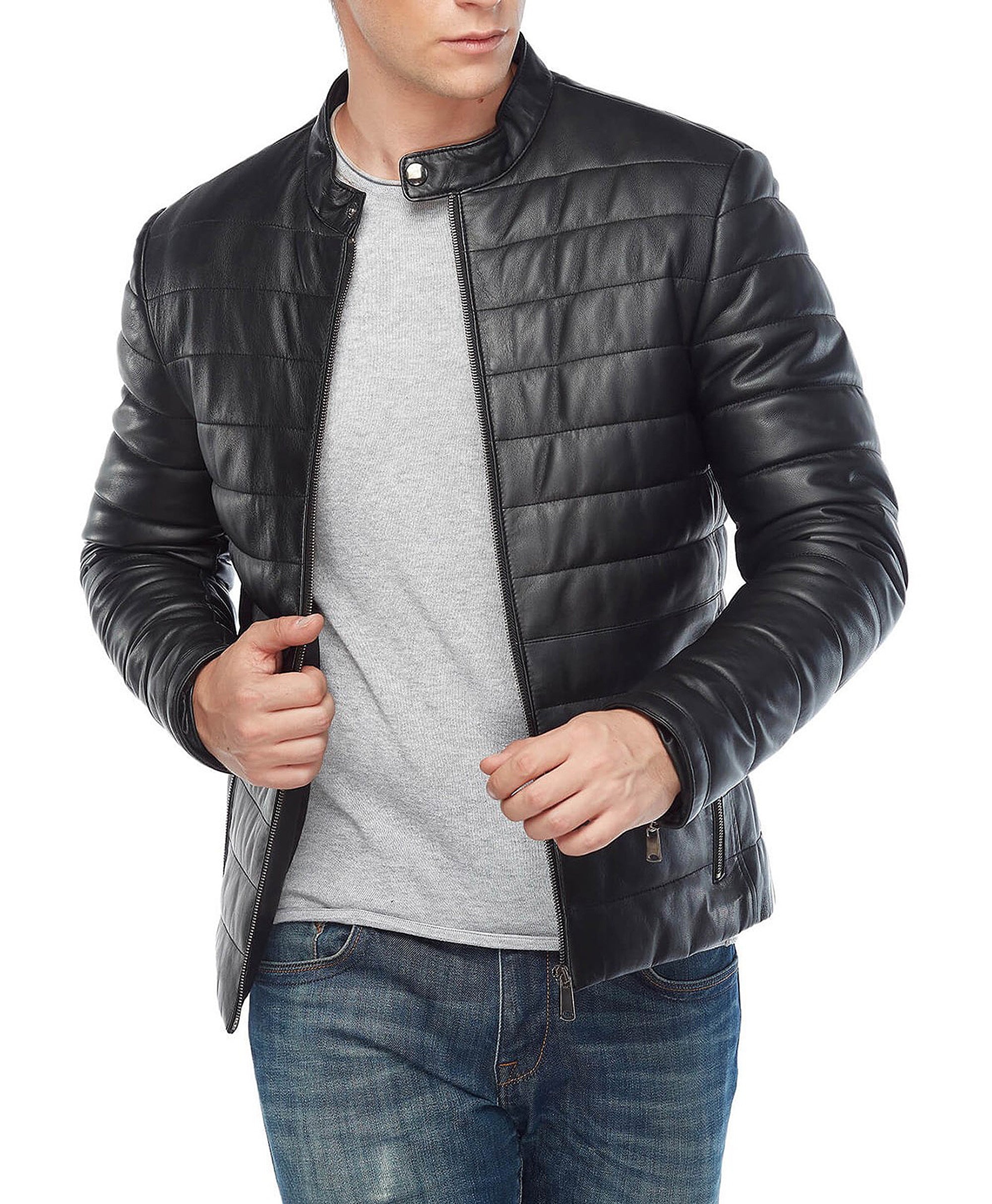 Puffer jacket with leather outer
