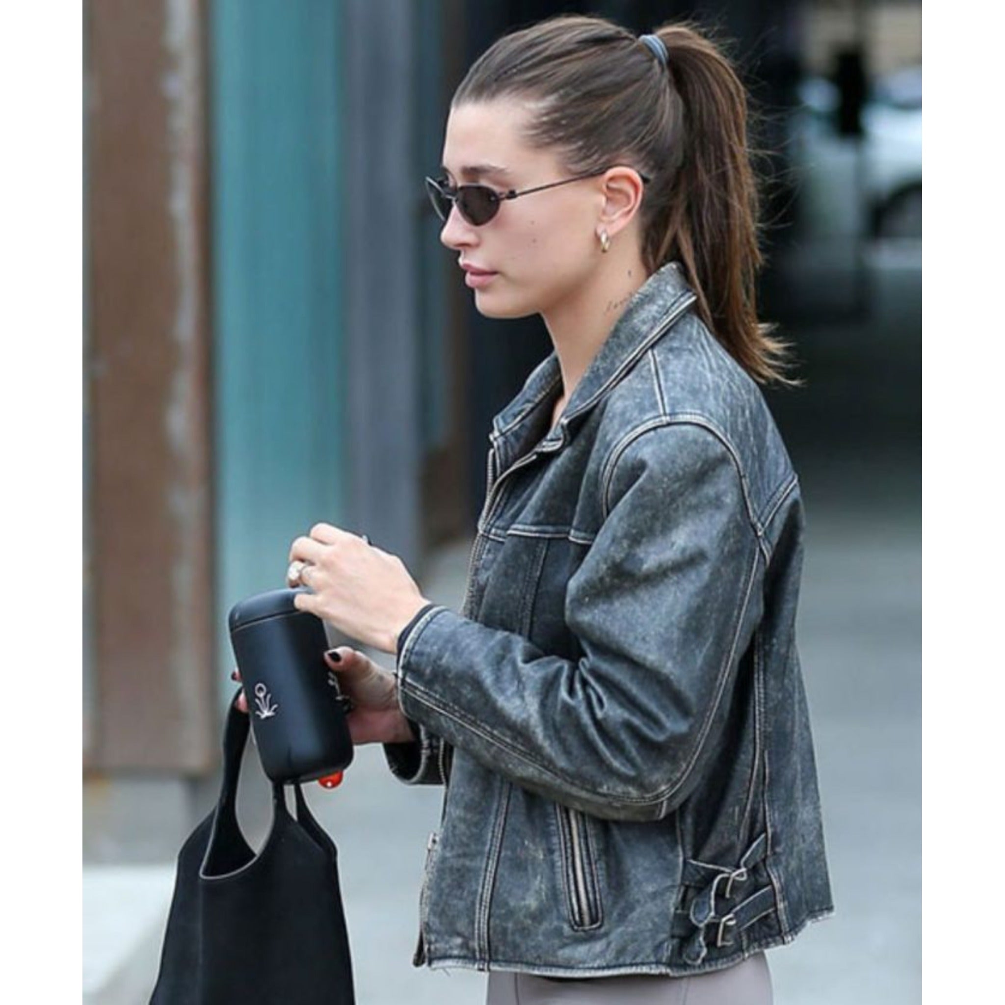 Hailey Bieber Black Distressed Leather Jacket