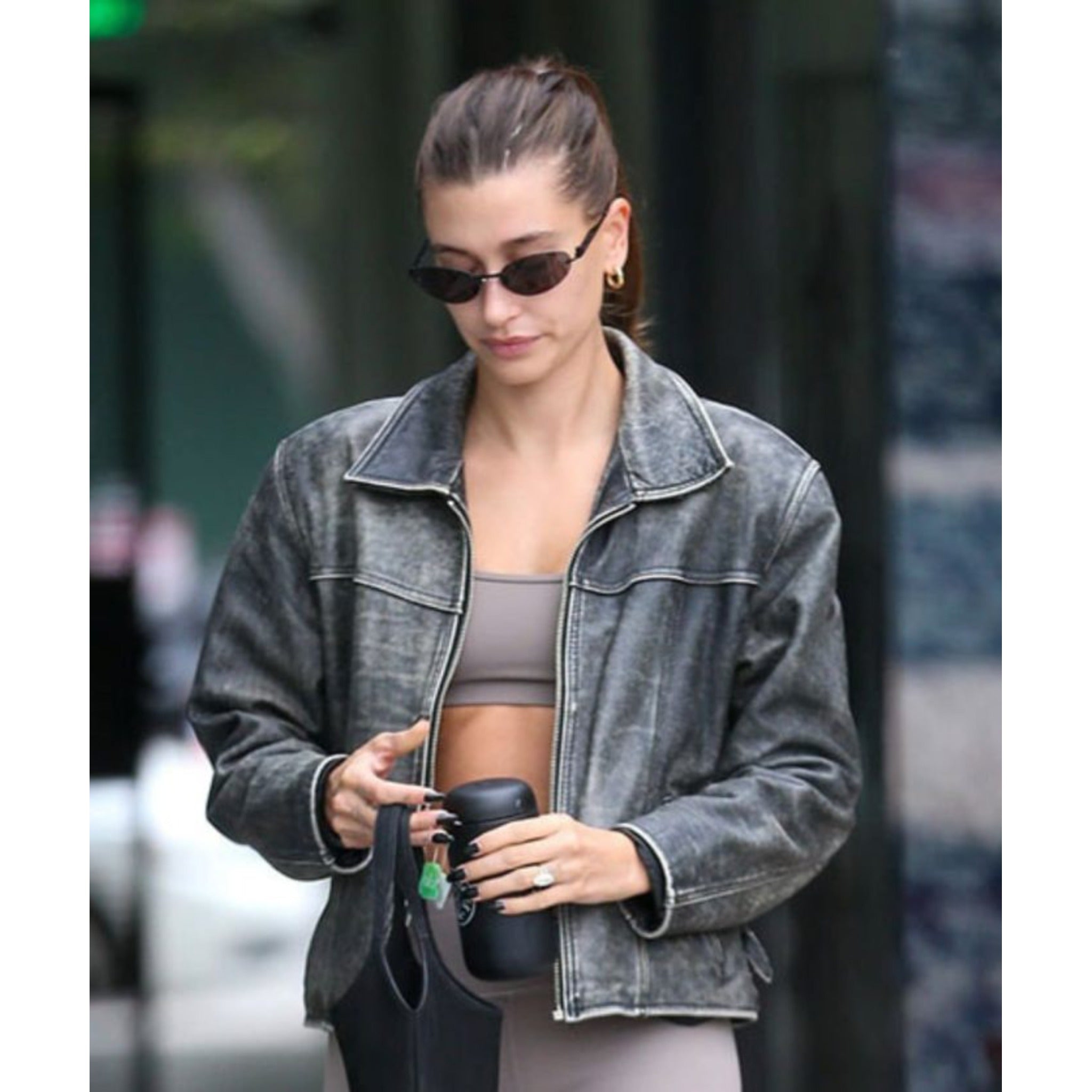 Hailey Bieber Black Distressed Leather Jacket
