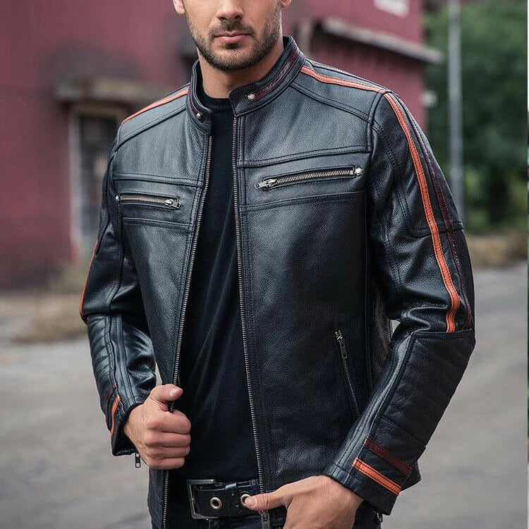 Black lambskin cafe racer leather jacket
