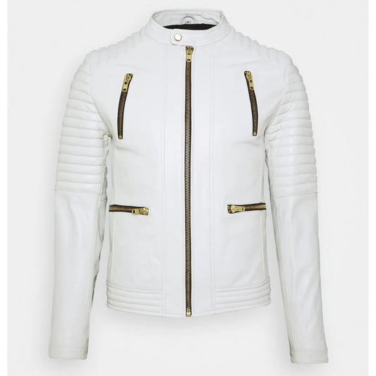 Men's White Leather Biker Jacket


