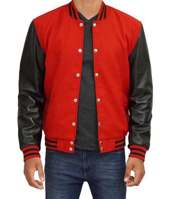 Red varsity jacket black leather sleeves
