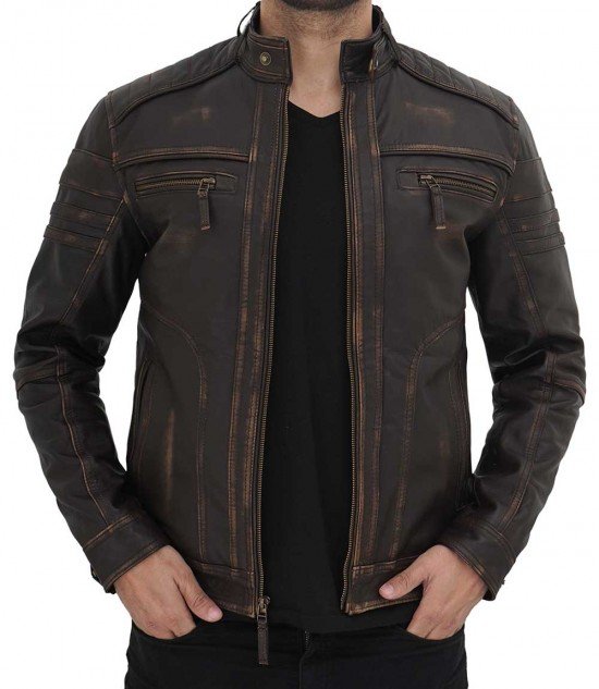 Distressed leather jacket for men
