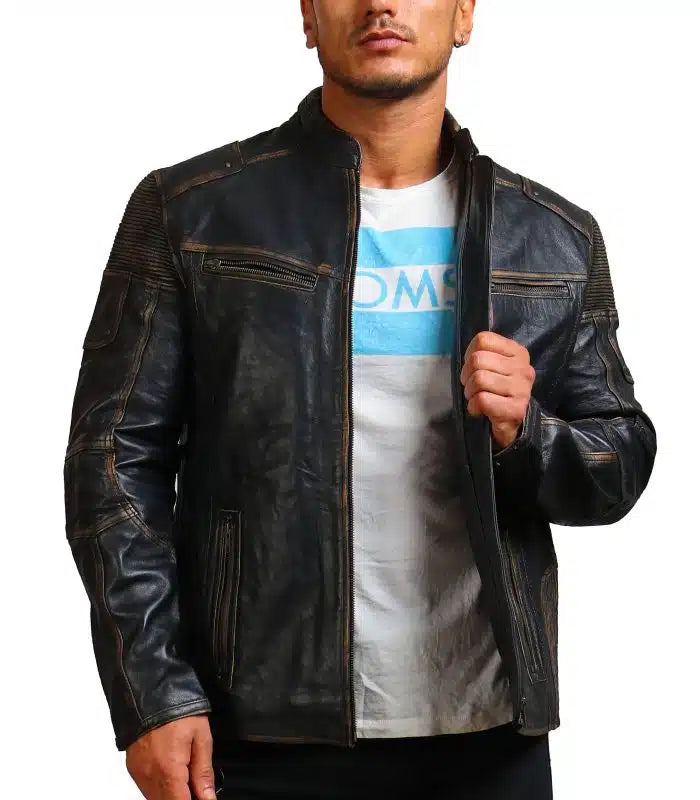 Distressed black leather jacket
