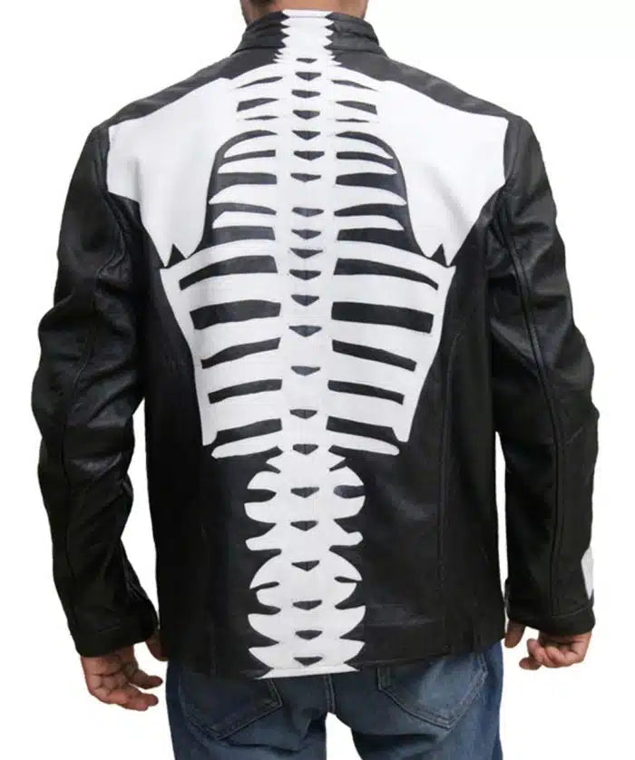 Black leather jacket with skeleton design
