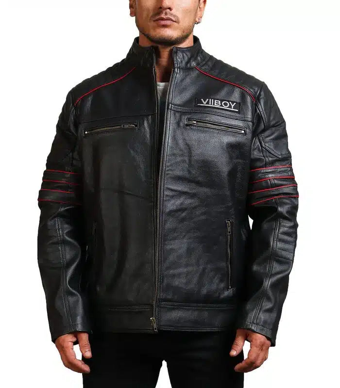 Men Sword Black Cowhide Leather Jacket
