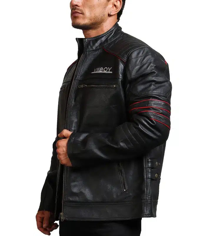 Black cowhide leather jacket for men
