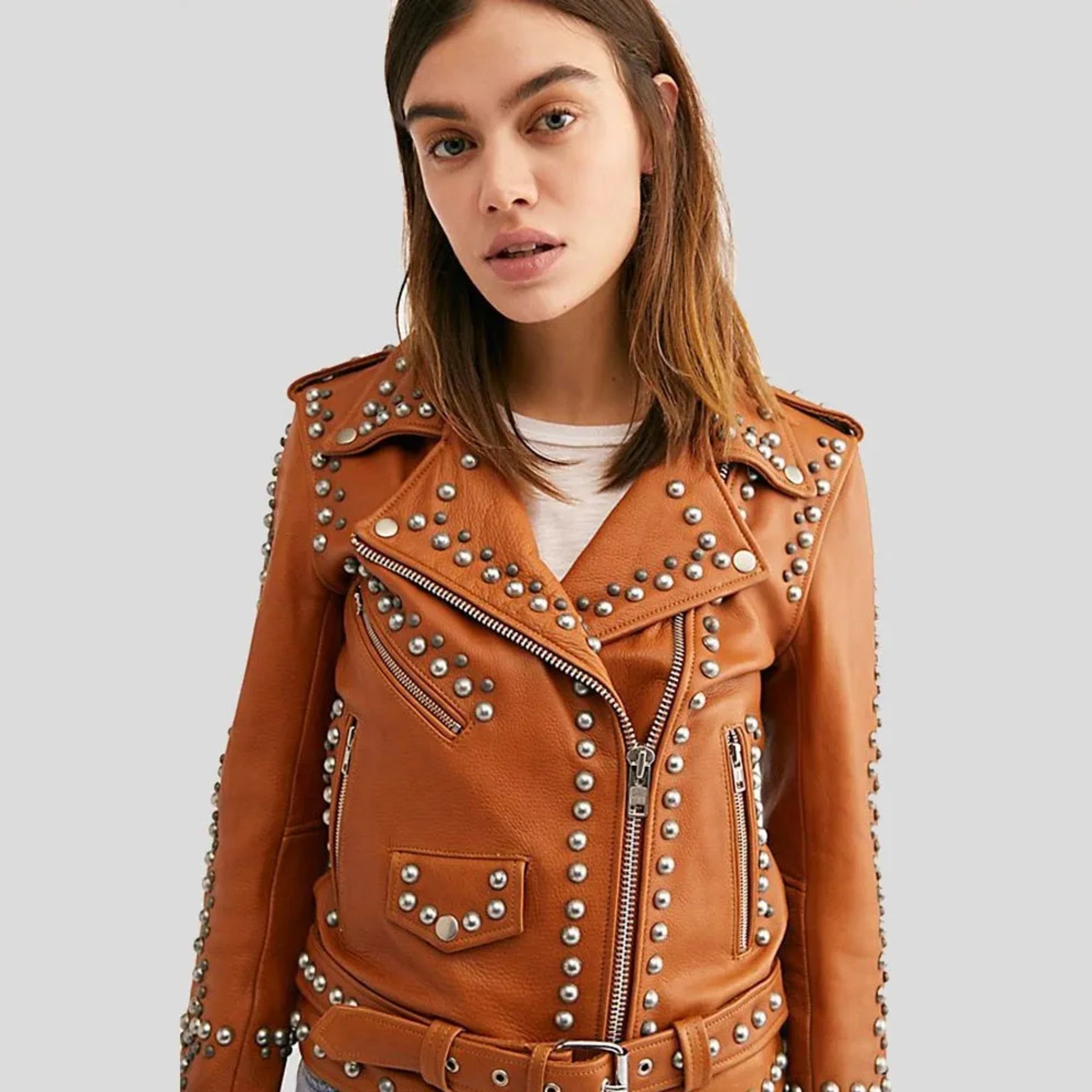 Women’s moto biker brown studded leather jacket
