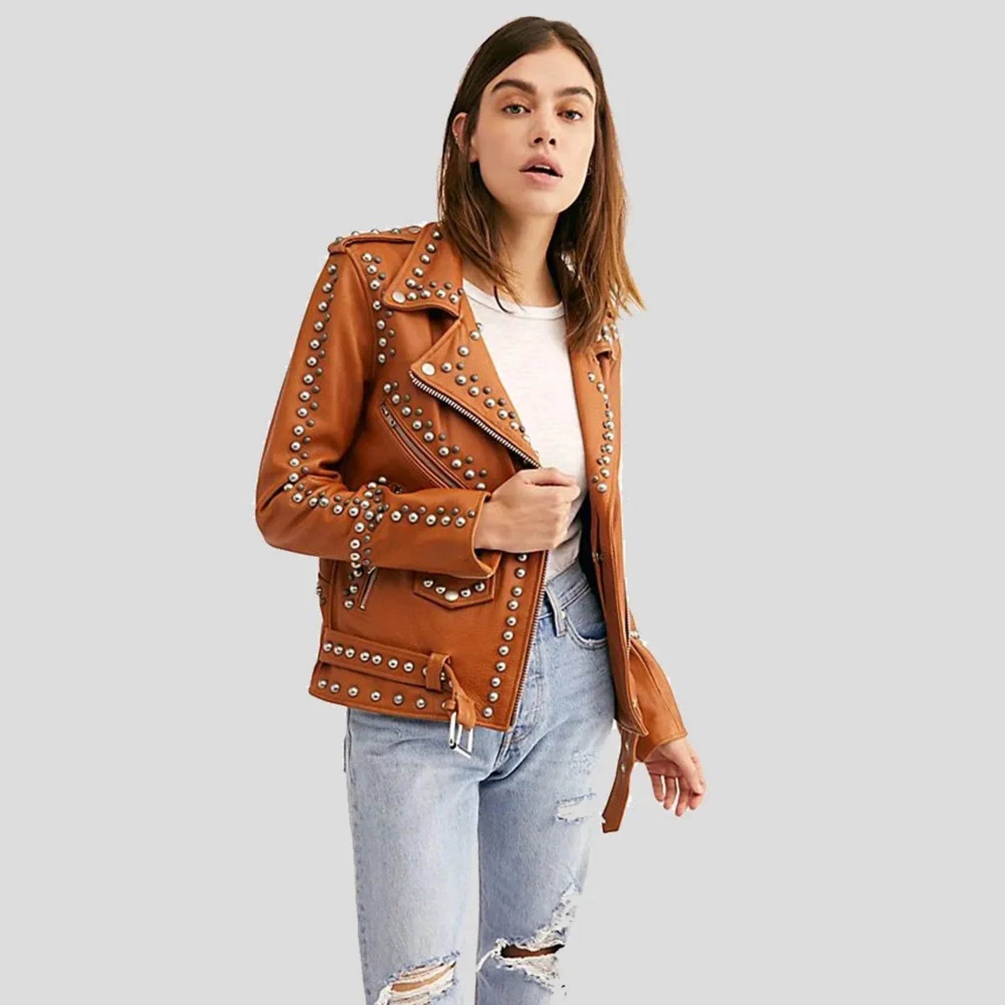 Brown studded leather jacket for women
