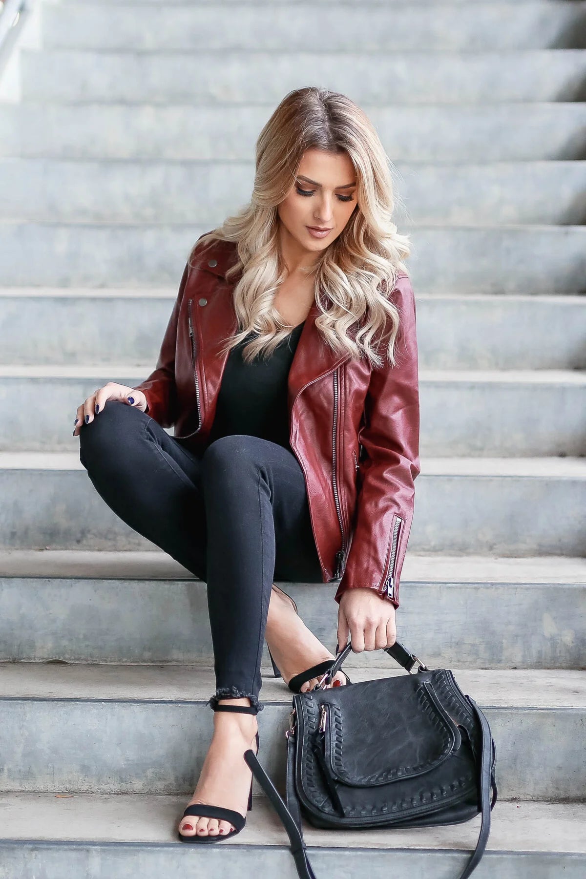 Red leather jacket women’s fashion

