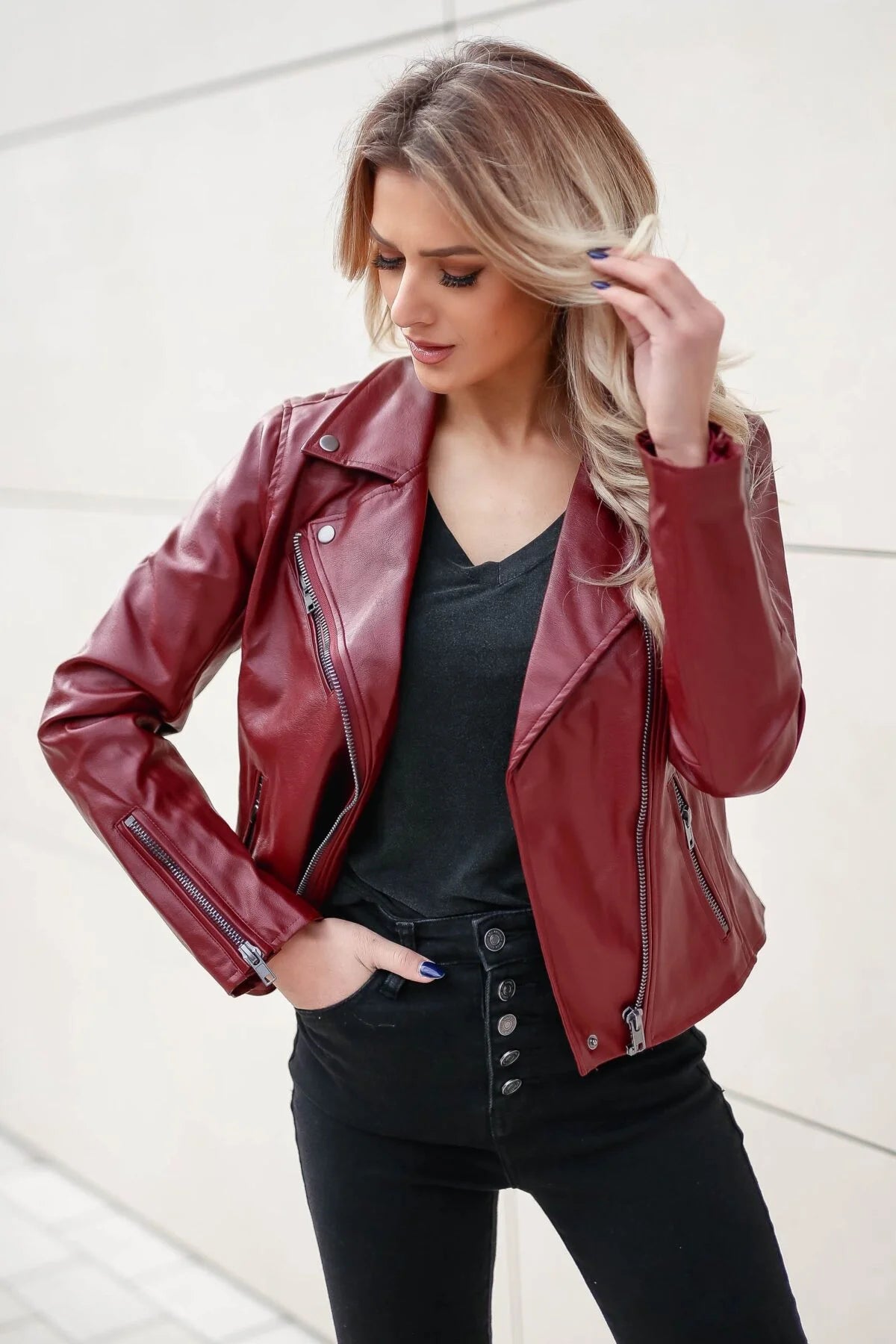 Women’s wine red leather jacket

