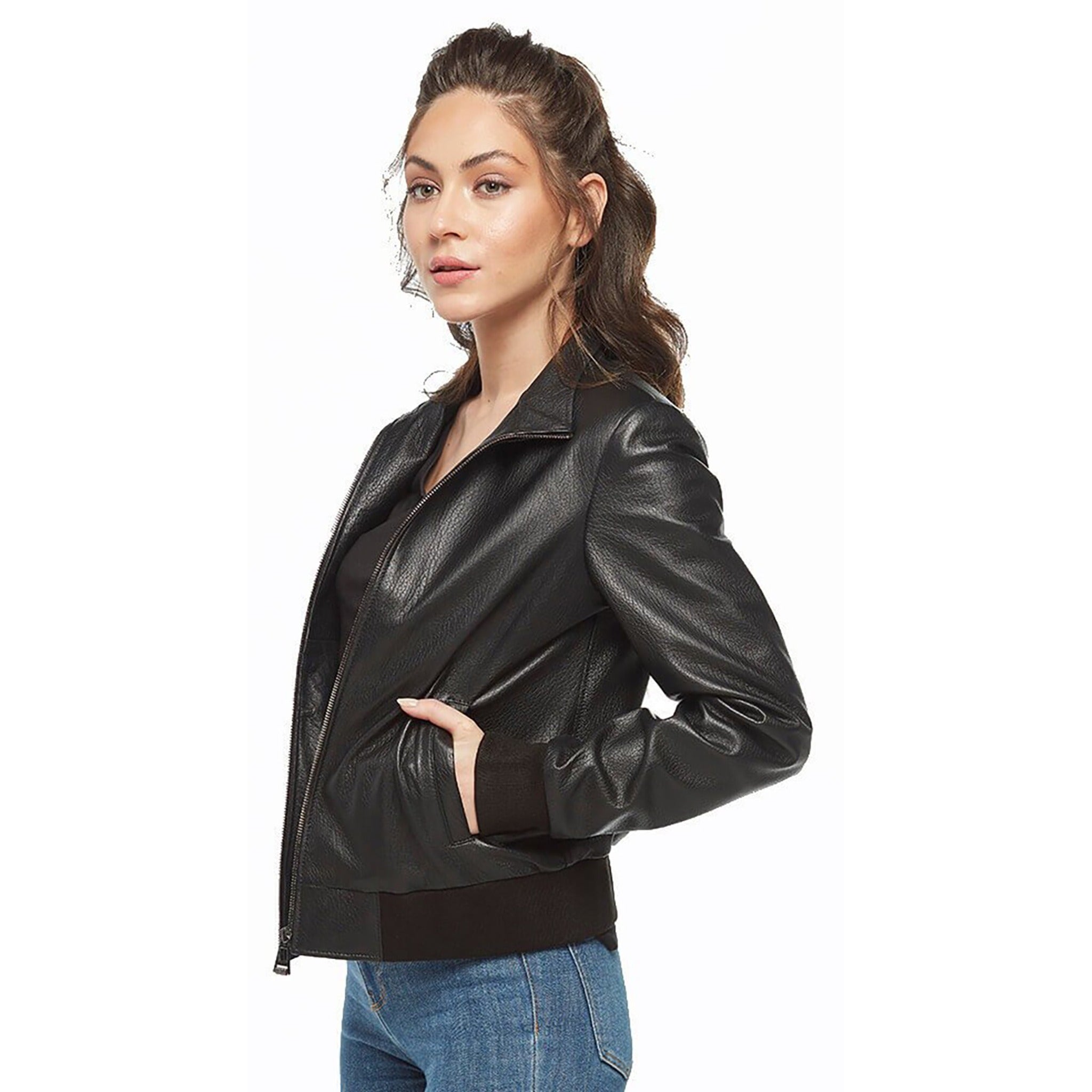 Women’s black leather bomber jacket
