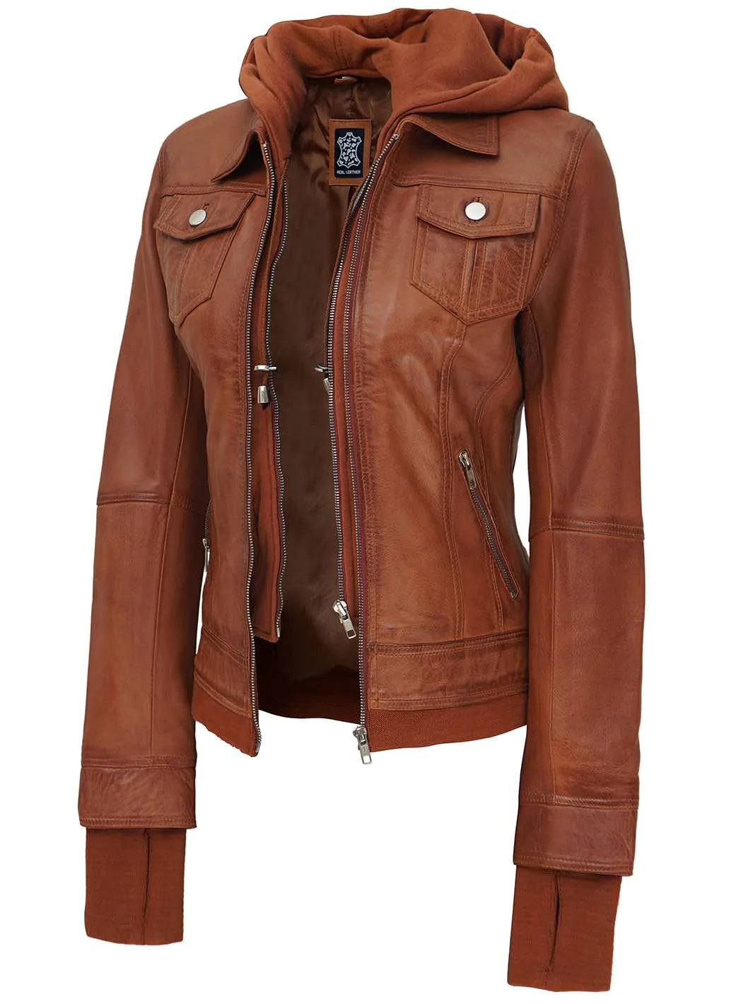 Women’s tan leather bomber jacket
