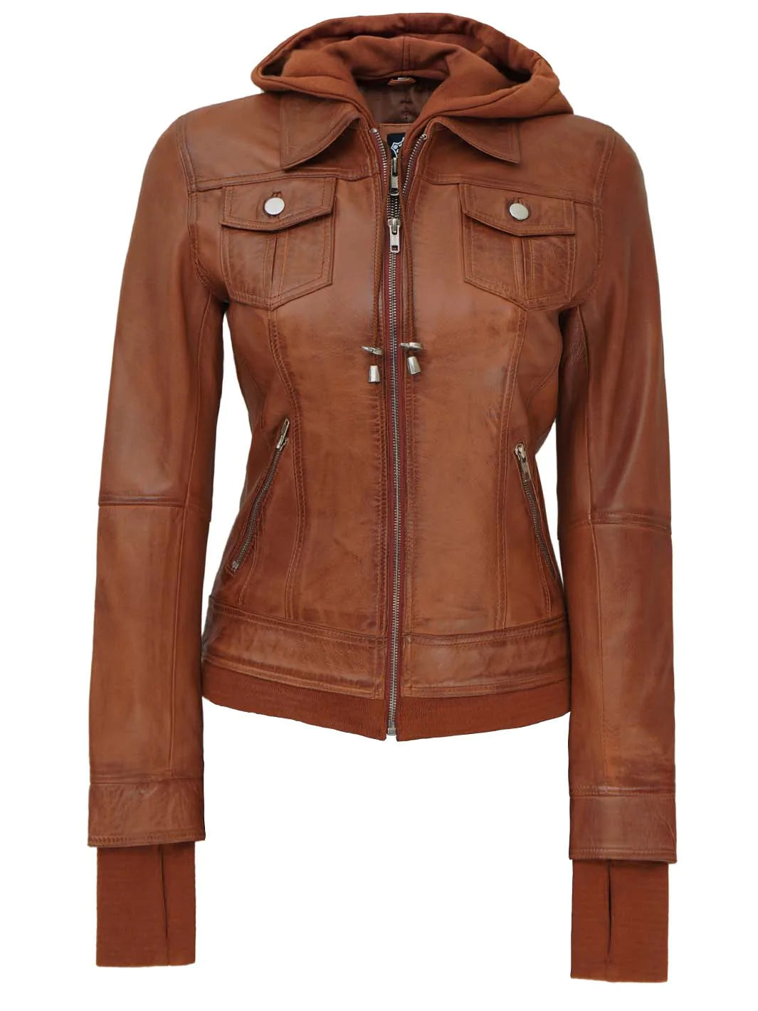 Hooded leather jacket for women
